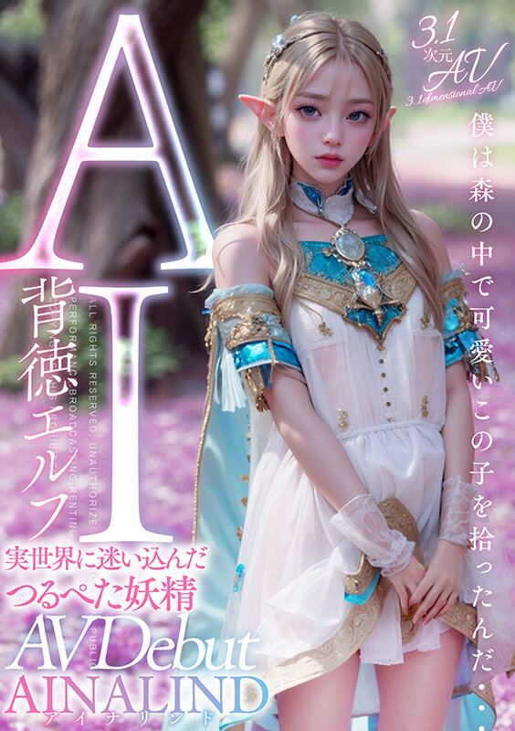 AI生成作品・アイナリンドのAVデビュービジュアル。花びら舞う屋外でエルフ衣装を纏った金髪女性の正面カット