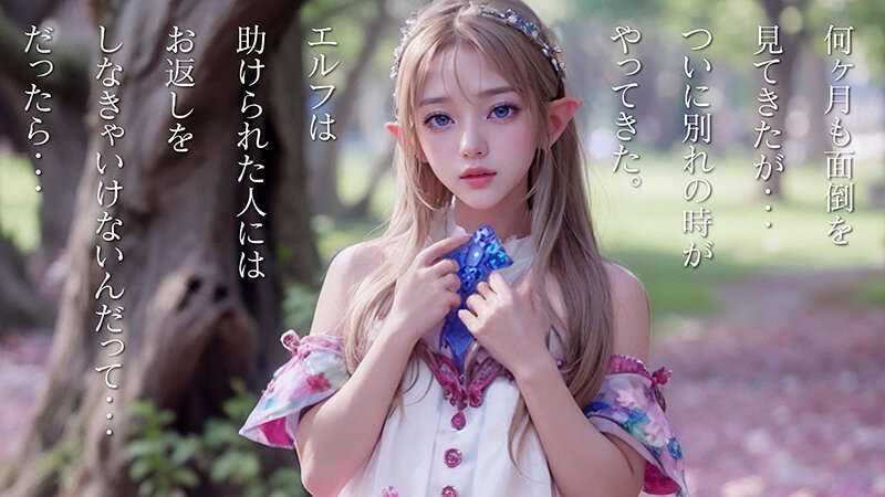 木立の前で花柄ワンピース姿のエルフ女性が宝石アクセサリーを持ち、上目遣いで見つめるシチュエーションカット