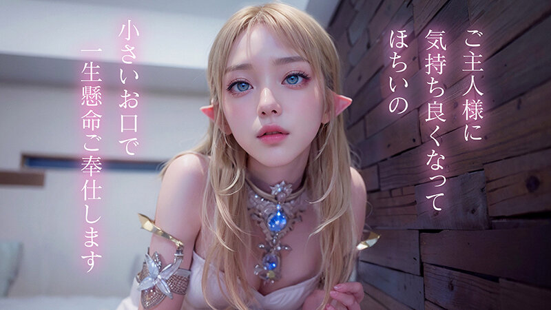 木製壁を背景に白いエルフ衣装の女性が上目遣いで見つめる近距離アップカット。青い瞳と整った顔立ちが印象的