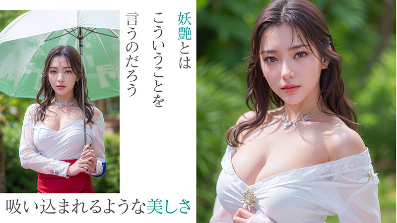 屋外の緑の中、白いオフショルダーシャツ姿で日傘を持つ全身カットと、胸元を開いた表情のクローズアップを並べた2ショット構成