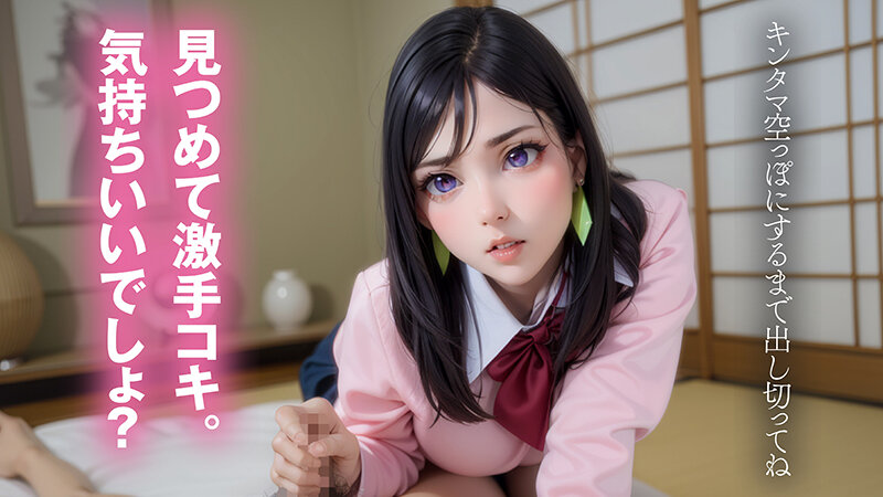 制服風コスプレ姿の黒髪女性が和室でカメラを見つめながら手コキをする、主観視点のクローズアップサンプルカット