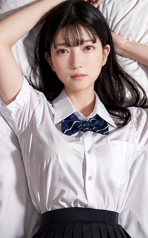 白シャツ制服姿でベッドに仰向けになり、両腕を頭の後ろに組んでカメラを見つめる高橋りりあの艶やかな表情カット