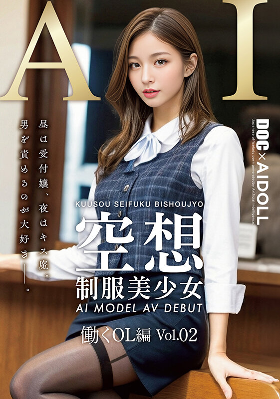 空想制服美少女AIモデルAVデビュー働くOL編Vol.02のパッケージ表紙。チェック柄ベスト姿のAI美女が上品な微笑みでカメラを見つめる