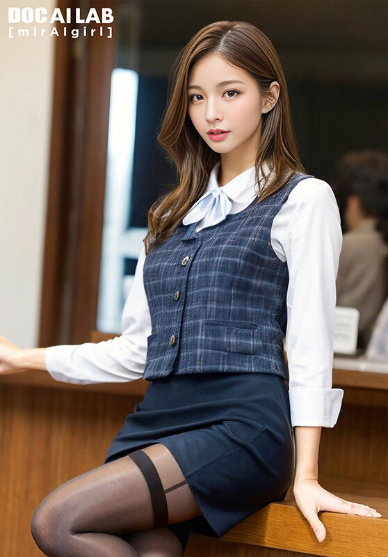 受付カウンター前で斜め向きに立つOL制服姿の女性。黒パンスト越しの脚ラインが際立つ艶やかなサンプル画像