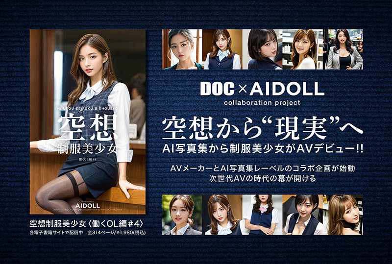 DOC×AIDOLLコラボ企画「空想制服美少女」シリーズ告知バナー。複数の制服姿AI美女カットが並ぶ